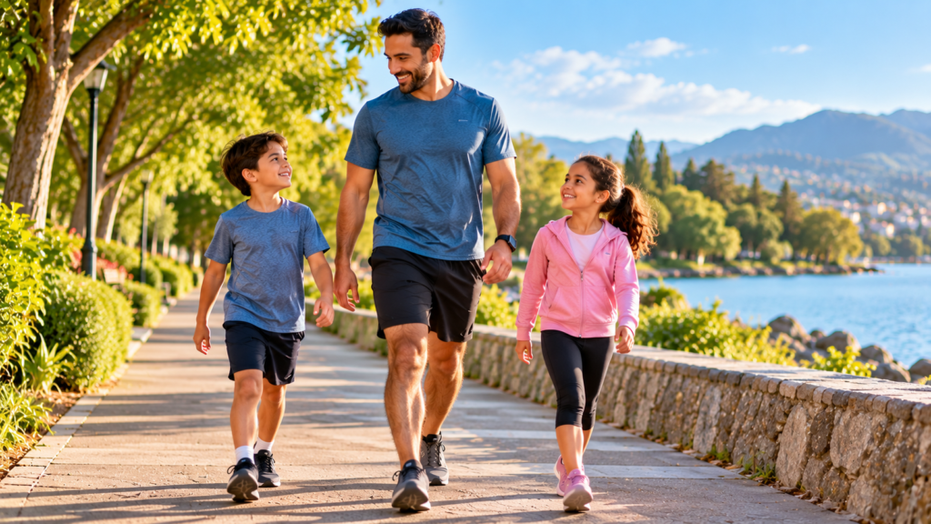 Father walking outdoors with his son and daughter along a scenic lakeside path.