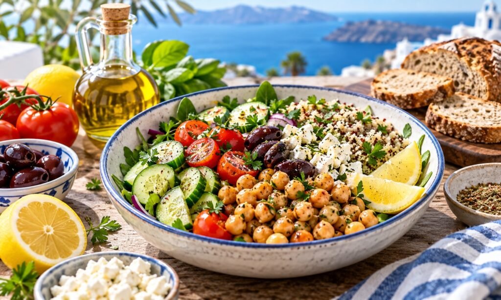 Mediterranean chickpea salad with tomatoes, cucumber, olives, and feta beside olive oil and whole-grain bread